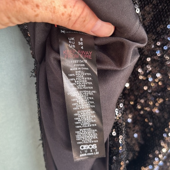 NWOT ASOS LUXE halterneck wire lace shoulder mini dress in black sequin, 4 - Picture 8 of 12